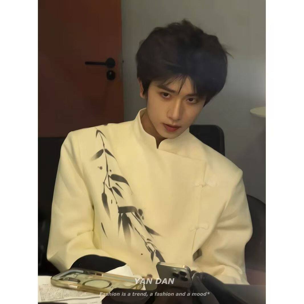 新中式男装白色竹子印花西装小众设计感高级西服国风订婚男装外套