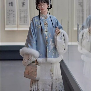 汉服女小白狐明制披袄立领对襟马面裙四件套古风冬装刺绣狐狸外套