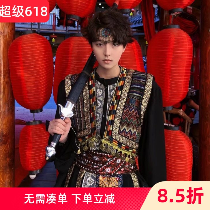 少数民族新疆维吾尔族服装男黑色异域演出服饰旅拍摄影宫廷西域风