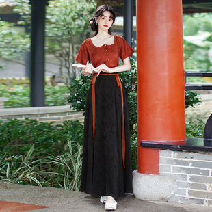 实拍原创鸡心领唐制提花显白显瘦短袖上衣提花八破裙半身长裙