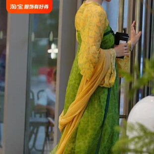 油菜花熠熠生辉汉服女古装 复古唐对襟襦裙国风长裙 百褶日常一片式