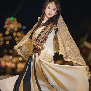 女异域风情新疆维吾尔族连衣裙喀楼兰白少数民族风云南版纳旅拍服