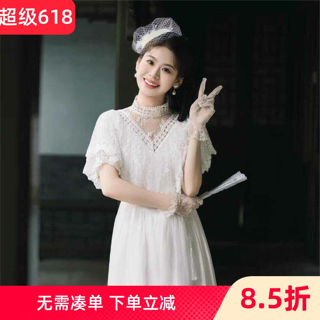 留洋千金法式复古轻婚纱连衣裙长款女修身名媛领证小白裙订婚裙