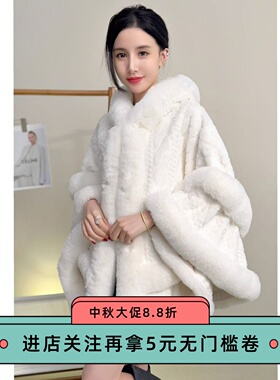 秋冬大码加绒加厚连帽毛领斗篷披肩女中长款毛绒披风外套女