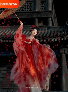 汉服女齐胸诃子裙花瓣大袖锦鲤套装追鱼唐制中国风绝美红色山茶花