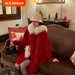 小个子连帽毛领毛呢外套女短款红色大衣冬季春节新店战袍新娘斗篷