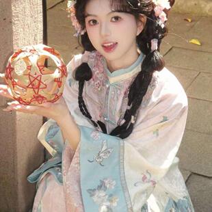 清汉服女新中式国风女装小个子粉色马面裙套装复古重工少奶奶氅衣