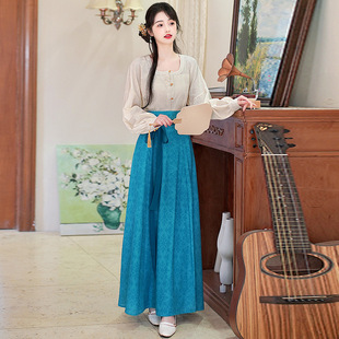 实拍鸡心领唐制短衫百搭提花长袖衬衣八破裙显瘦半身裙日常穿