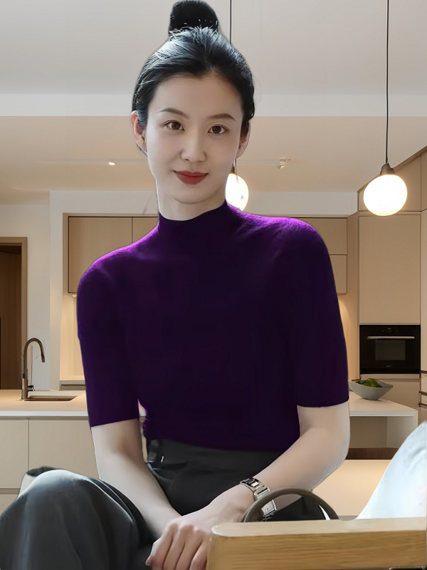 2025新款韩版大码春秋冬时尚潮流半高领五分袖针织衫毛衣女修身中