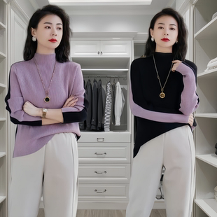 女宽松显瘦慵懒风半高领针织上衣大码 纯色软糯打底毛衣 秋冬季 新款