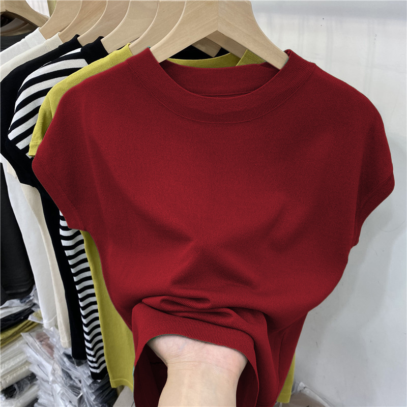 夏季酒红短袖T恤上衣潮冰丝薄款