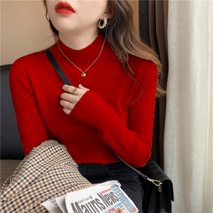 t恤内搭2025春装 女秋冬长袖 毛衣加厚上衣潮 针织半高领打底衫 大码