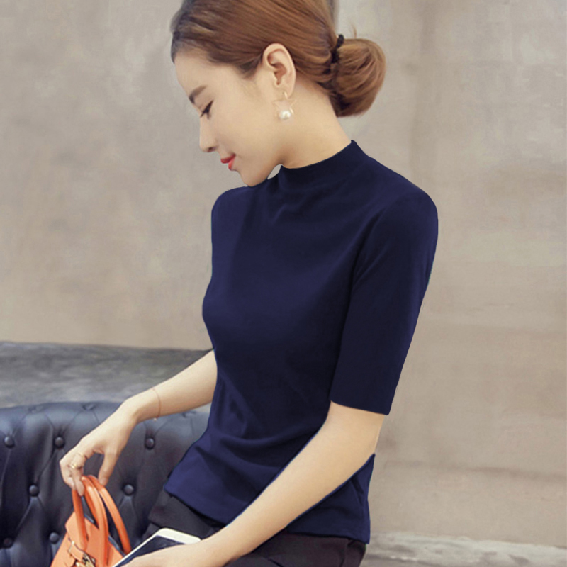 打底衫半高领套头修身中袖针织衫