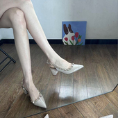 新款 粗跟浅口尖头单鞋 平底铆钉包头凉鞋 漆皮女鞋 女法式 2026春夏季