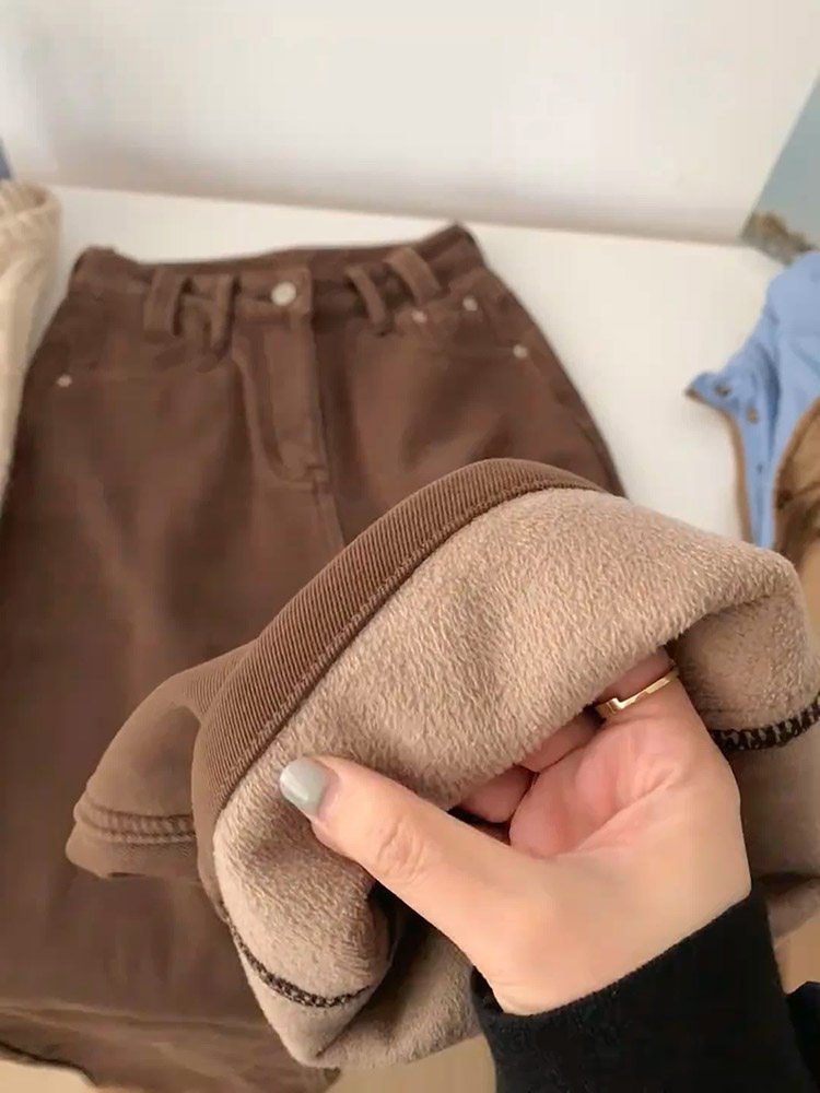 MAILLARD 레트로 플러스 벨벳 두꺼운 갈색 바지 여성 가을 겨울 새로운 하이 웨이스트 루즈 스트레이트 와이드 레그 청바지 유행