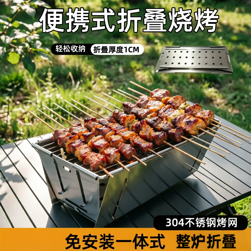 不锈钢折叠烧烤炉便捷式户外家用烧烤架无烟木炭网红露营野餐小型