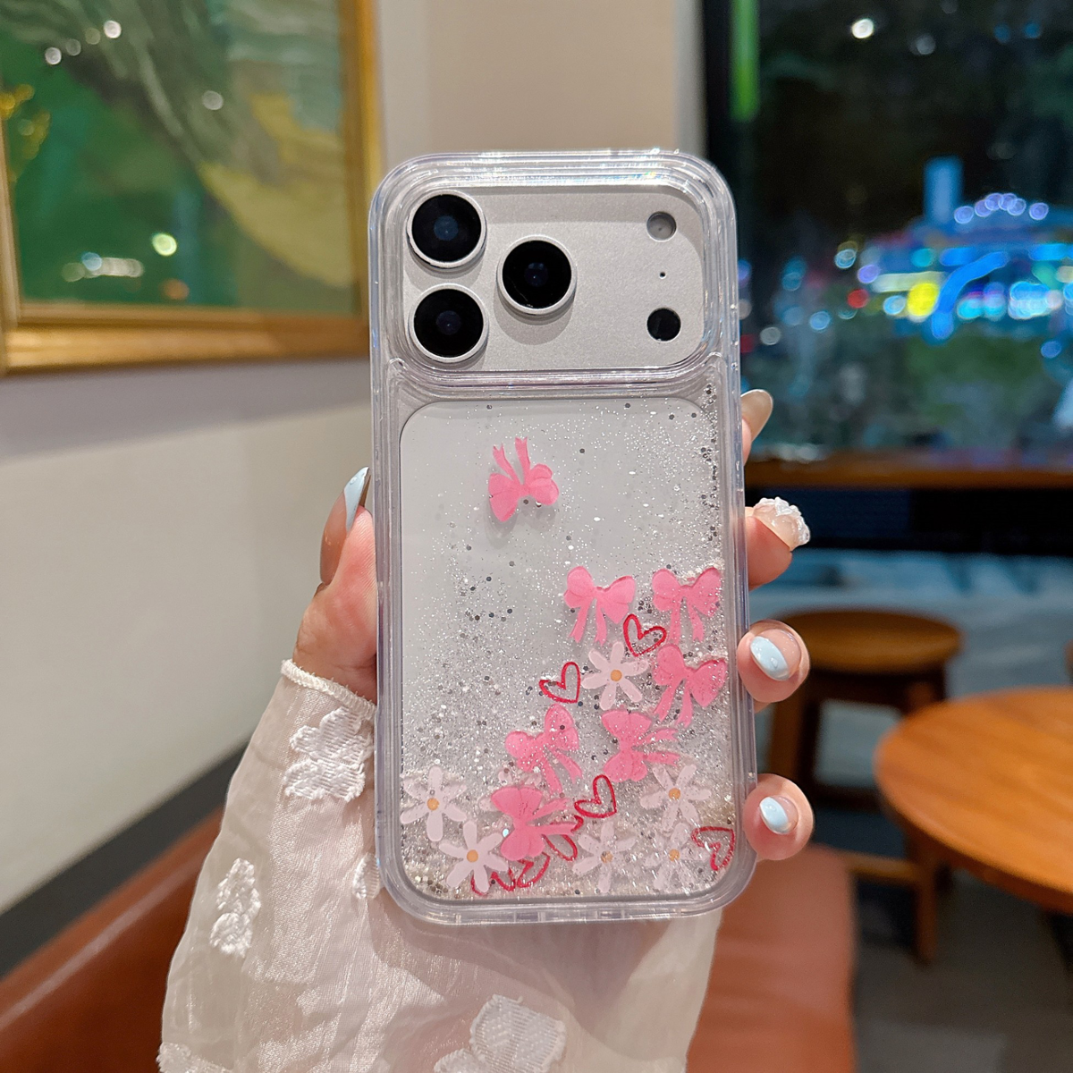 ins小雏菊蝴蝶结流沙闪粉适用iphone17promax手机壳苹果16新款15创意14pro女生款13软边15pro透明防摔保护套