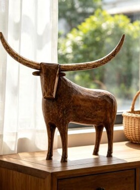 跨境新品Vintage Longhorn Bull Sculpture复古长角公牛树脂摆件