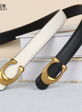 2025新款皮带女白色真皮小C扣腰带平滑扣配牛仔裤装饰气质窄女款