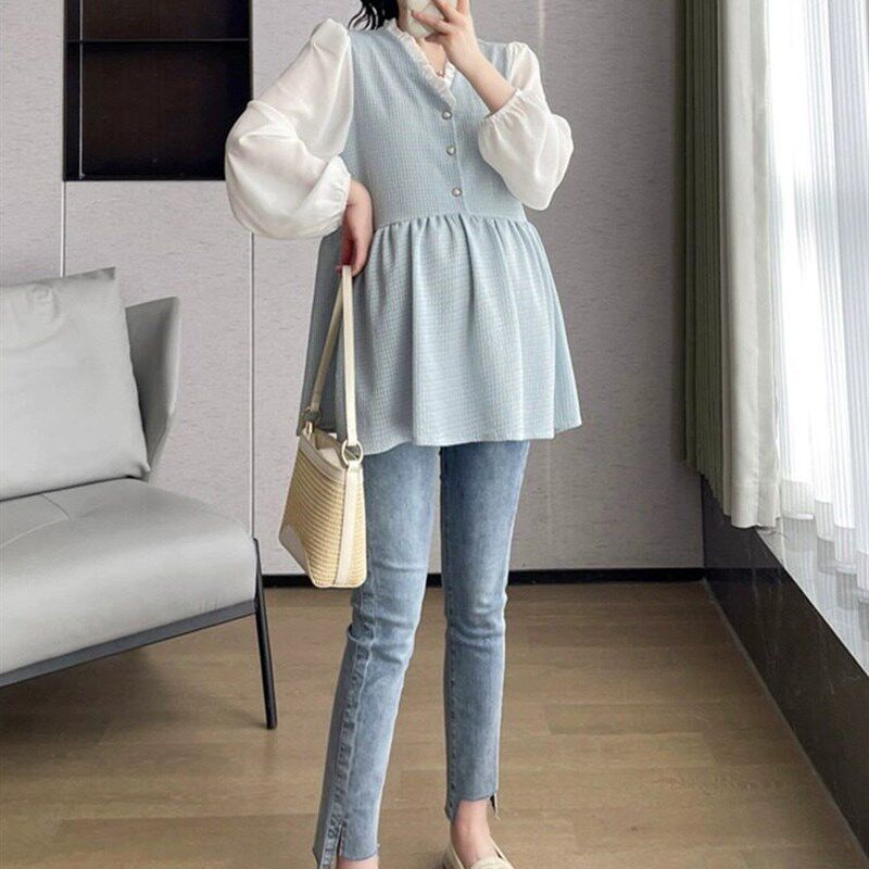 新品孕妇装秋装套装时尚2s025新款秋季V领娃娃衫长袖上衣小个子春