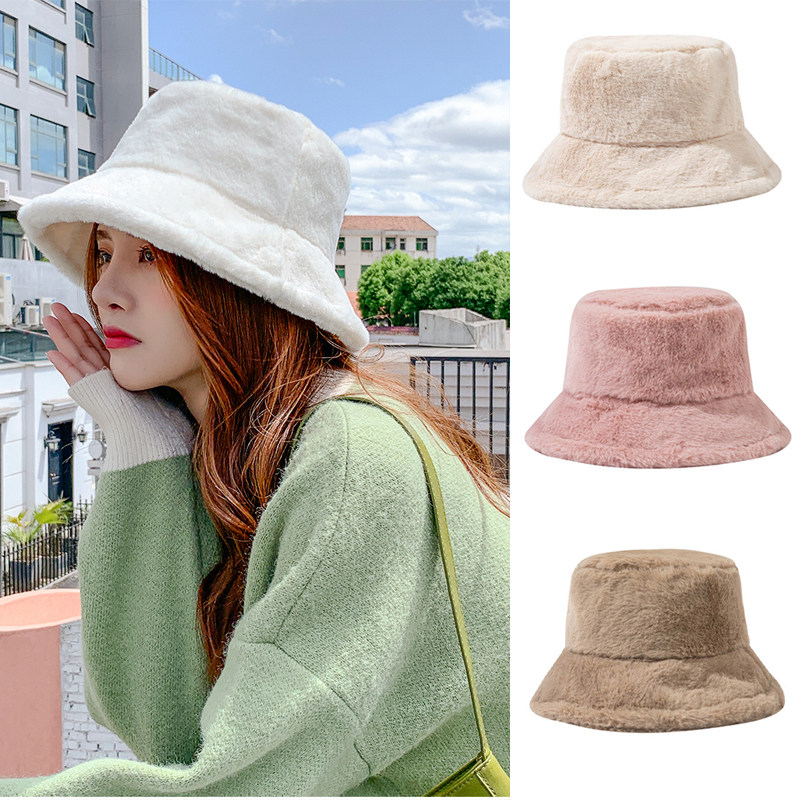 新品New Bucket Hat Fashion Solid Color Winter ThicVk Warm Fa