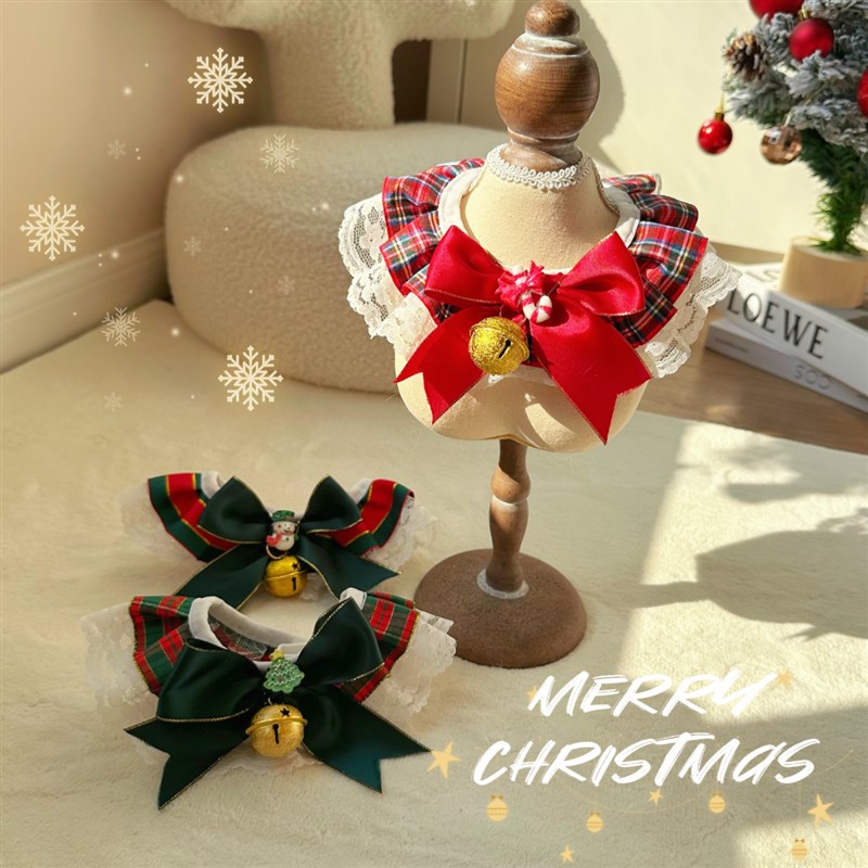 极速圣诞节狗狗围脖口水巾可爱宠物围兜装M扮猫咪蕾丝铃铛领结装