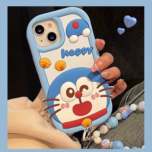 情侣立体卡通哆啦A梦适用苹果16手机壳iPhone14promax新款珠链15Pro可爱猫咪14硅胶13软套12全包11防摔xs女款