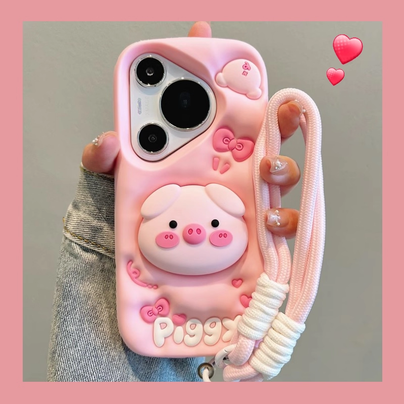 超萌立体粉猪伸缩支架硅胶手机壳