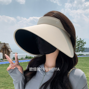 丝绒黑胶超大帽檐防晒帽子女夏天环绕式防紫外线太阳帽空顶遮阳帽