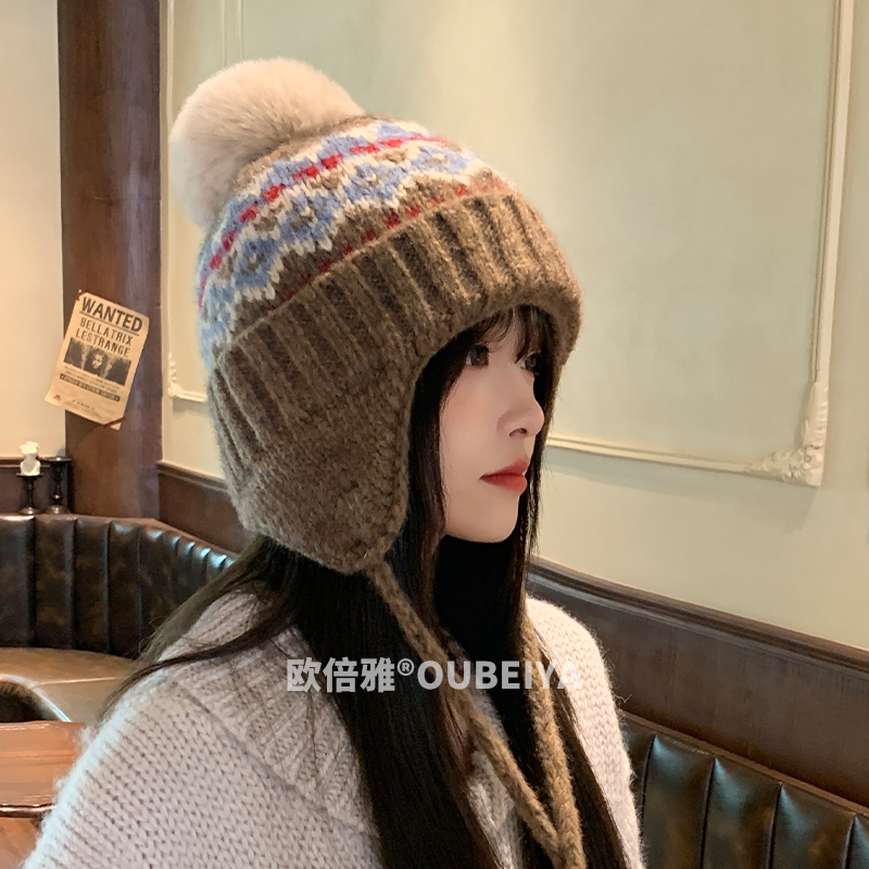 费尔岛风复古毛线帽子女秋冬百搭保暖可爱针织帽显脸小耳罩套头帽