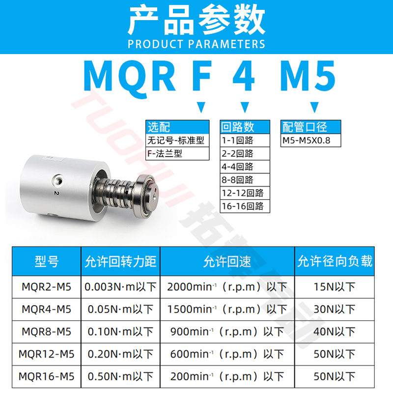 SMC型无限高速旋转接头MQR2/4/8y/12/16-M5 360度气动滑环多位MQR
