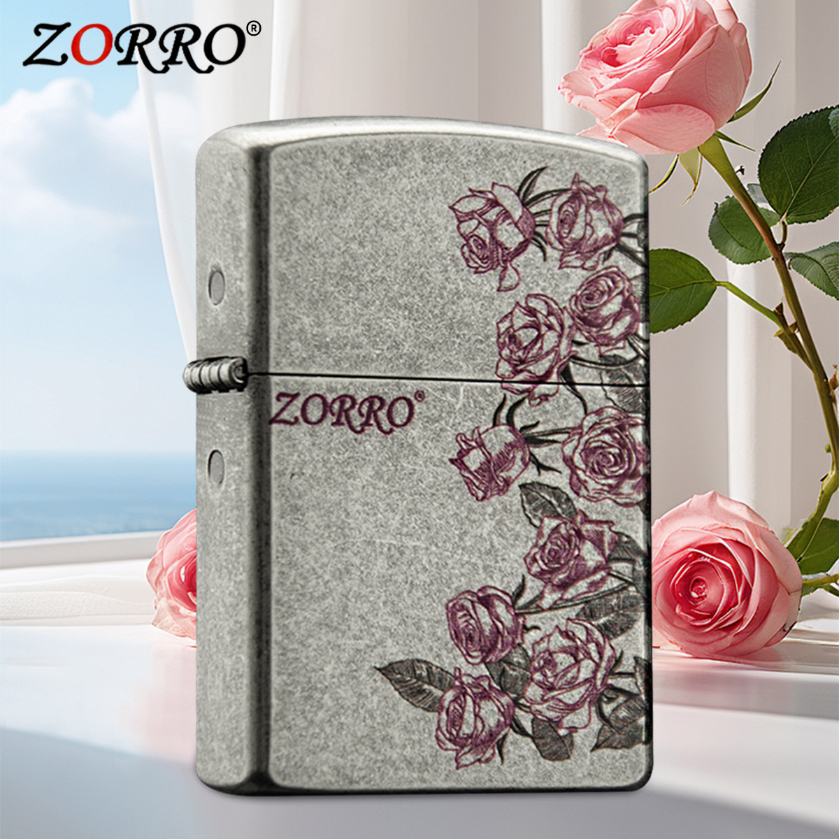 佐罗古银玫瑰花精雕煤油打火机