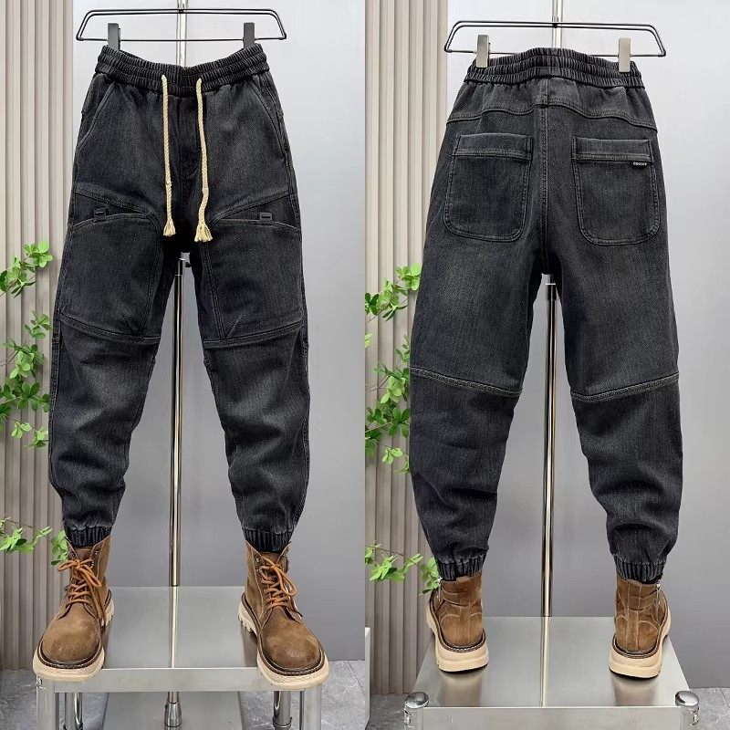 2026春秋新款束脚牛仔裤男个性多口袋弹力哈伦裤潮流痞帅拼接长裤,男装,牛仔裤,淘宝优惠券,粉丝福利购,淘宝优惠卷