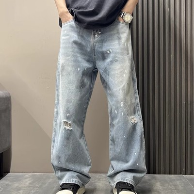 春夏新款破洞泼墨涂鸦复古牛仔裤男士韩版宽松阔腿痞帅直筒拖地裤