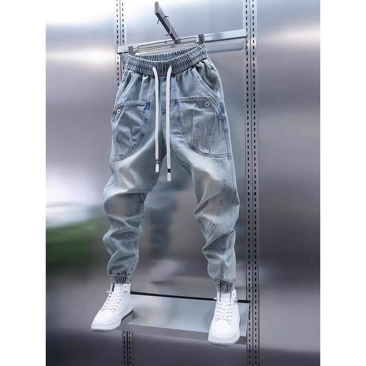 2025春秋季水洗牛仔裤男大口袋束脚哈伦裤浅蓝色痞帅束脚休闲裤