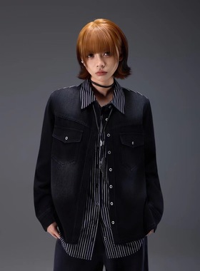 拓谷潮牌条纹假两件衬衫女美式翻领工装宽松牛仔外套女秋季Q52009