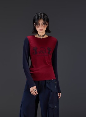 拓谷印花撞色插肩长袖t恤上衣新款潮牌高弹显瘦圆领打底衫Q52853