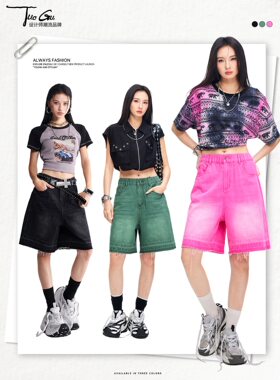拓谷时尚毛边牛仔短裤女夏季潮牌直筒宽松显瘦阔腿五分中裤X60671