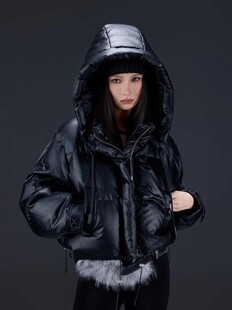 拓谷壹缺潮牌PU皮亮面短款 羽绒服女冬保暖连帽白鸭绒面包服D52926