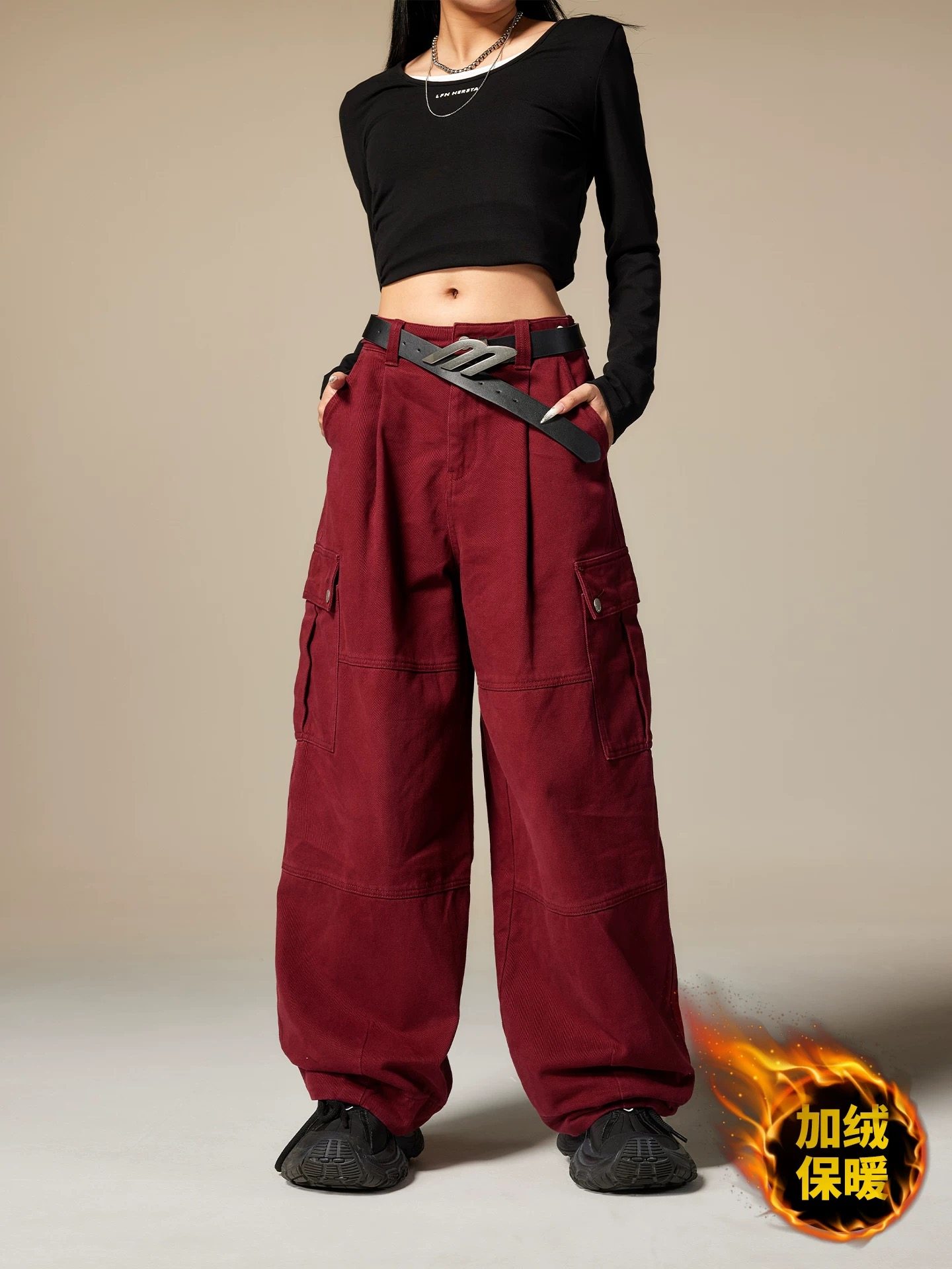 拓谷潮牌加绒加厚工装裤女2025冬新款高腰显瘦宽松阔腿长裤Q52694,女装/女士精品,休闲裤,淘宝优惠券,粉丝福利购,淘宝优惠卷