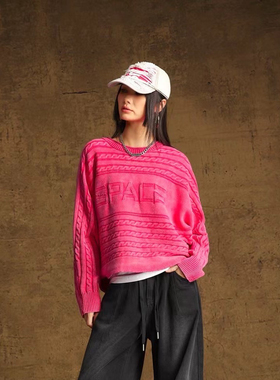 拓谷女装粉色毛衣女秋季新款百搭显瘦圆领长袖上衣针织衫Q40723