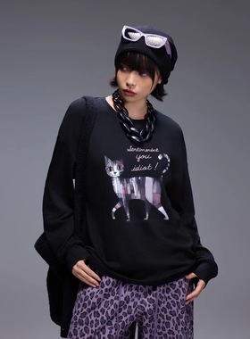 拓谷女装猫咪印花长袖t恤女中长款宽松圆领上衣秋冬内搭T恤Q52068