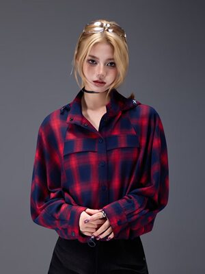 拓谷女装磨毛格子衬衫秋冬款宽松休闲长袖上衣连帽短款外套Q52710