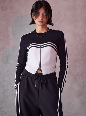 拓谷2025秋拉链上衣圆领内搭撞色长袖t恤女装鱼骨修身打底衫52057