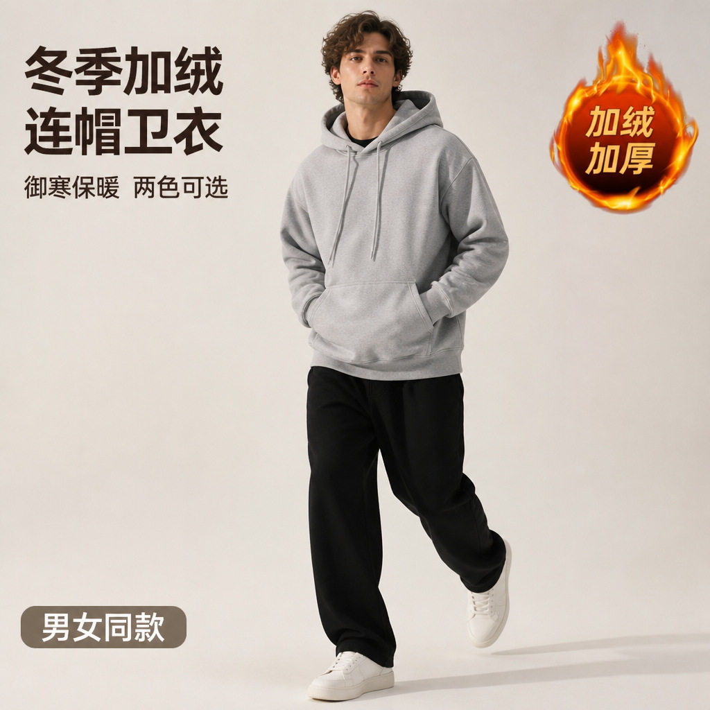 冬季御寒保暖加绒连帽卫衣休闲黑卫衣