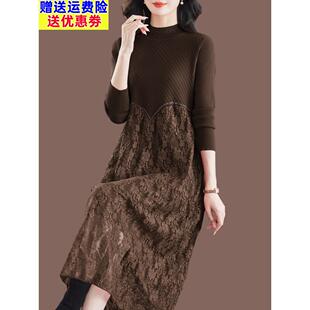 秋冬季新款针织羊毛衫女中长款连衣裙时尚羊绒毛衣蕾丝拼接显瘦女