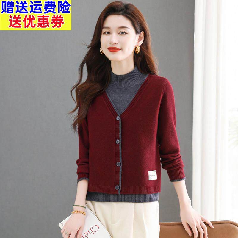 假两件上衣女时尚洋气半高领针织打底衫春装2025新款爆款红色毛衣