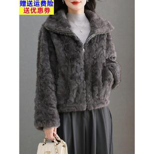立领拉炼短款 秋冬装 宽松大码 2025新款 羊毛衫 水貂绒皮草外套女开衫