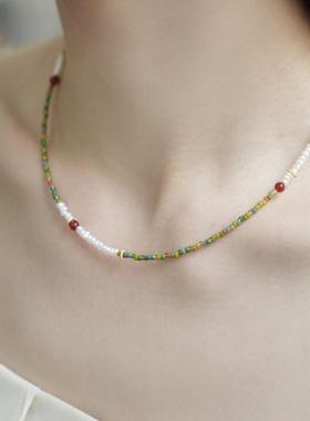 「杜比尼花园」法式复古彩色串珠项链女小众百搭新款珍珠文艺颈链