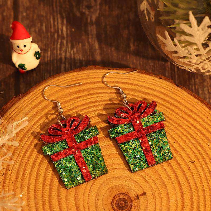 跨境亚马逊新款圣诞节大礼物盒子亮片皮革耳环个性创意耳饰